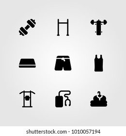 Fitness vector icon set. cloth, sport shirt, bench press and clothing