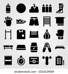 Fitness vector icon set. clothing, music player, ring and sports pants