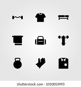 Fitness vector icon set. dumbbell, hammed, bench and bench press