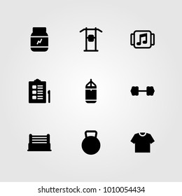 Fitness vector icon set. dumbbell, punching, punching bar and music player