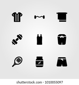 Fitness vector icon set. dumbbell, sport shirt, biceps dumbbell and scale