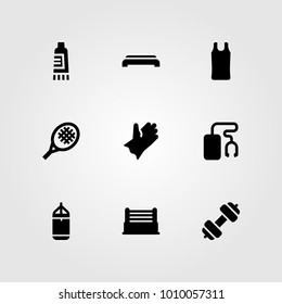 Fitness vector icon set. dumbbell, step, gym step and cream