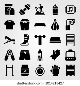 Fitness vector icon set. dumbbell, gym gloves, gym bars and step