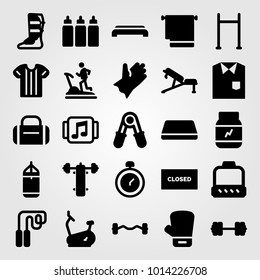 Fitness vector icon set. dumbbell, bench press, closed and hammed