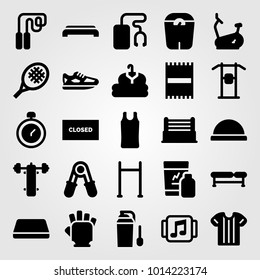 Fitness vector icon set. gloves, chronometer, pull up and bench press