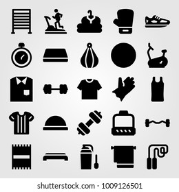 Fitness vector icon set. gym step, clothing, mat and treadmill