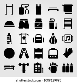 Fitness vector icon set. gym gloves, gym step, pants and cream