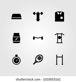 Fitness vector icon set. gym mat, tennis racket, shirt and biceps dumbbell