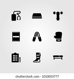 Fitness vector icon set. gym mat, beach towel, boxing and music player