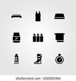 Fitness vector icon set. gym mat, chronometer, capsules and shinpad