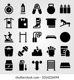 Fitness vector icon set. gym gloves, gym step, shakes and kettlebell