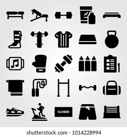 Fitness vector icon set. gym mat, skipping, running shoes and biceps dumbbell