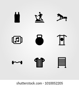 Fitness vector icon set. kettlebell, pull up, sport shirt and dumbbell