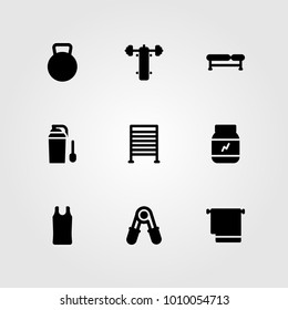 Fitness vector icon set. kettlebell, bench press, bench and protein