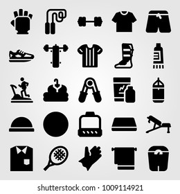 Fitness vector icon set. mat, running shoes, shirt and dumbbell