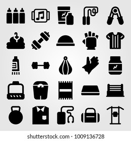 Fitness vector icon set. mat, skipping, shirt and capsules