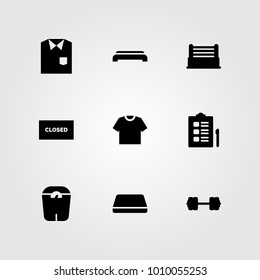 Fitness vector icon set. mat, shirt, closed and ring