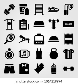 Fitness vector icon set. mat, pants, gym bars and ball