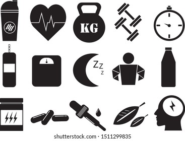 Fitness vector icon set with mental health, weights, heart, protein shaker, essential oil dropper, and energy