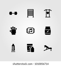 Fitness vector icon set. music player, dumbbell, gym bars and pull up