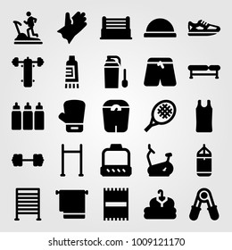 Fitness vector icon set. pants, glove, block and cloth
