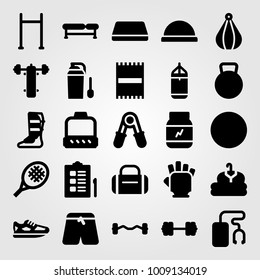 Fitness vector icon set. pants, mat, cloth and running shoes