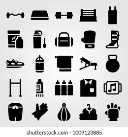Fitness vector icon set. protein, mat, music player and dumbbell
