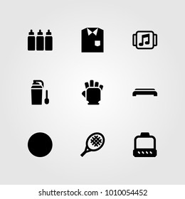 Fitness vector icon set. protein, gym step, capsules and gym gloves