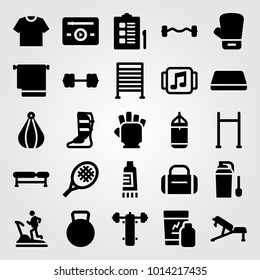 Fitness vector icon set. protein, cream, gym gloves and punching