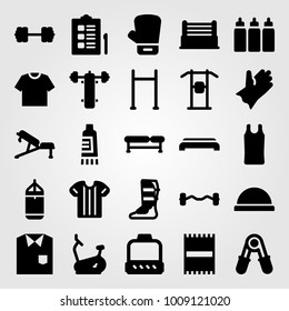 Fitness vector icon set. pull up bar, capsules, block and punching