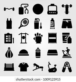 Fitness vector icon set. pull up bar, mat, sport shirt and pulley