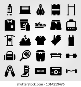 Fitness vector icon set. pull up bar, shinpad, shakes and sport shirt