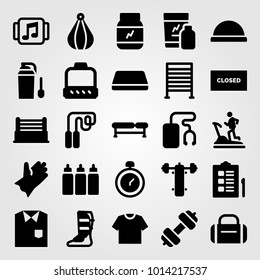 Fitness vector icon set. pulley, protein, punching and bench press