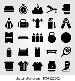 Fitness vector icon set. punching, boxing glove, clothing and mat