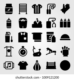 Fitness vector icon set. punching, towel, clothing and shirt