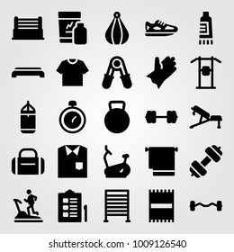 Fitness vector icon set. punching ball, punching bar, dumbbell and biceps dumbbell