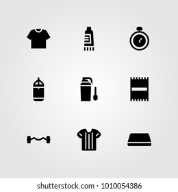 Fitness vector icon set. punching, dumbbell, mat and towel