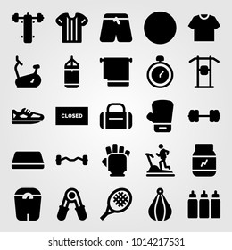 Fitness vector icon set. punching bar, dumbbell, protein and chronometer