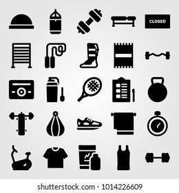 Fitness vector icon set. punching bar, closed, kettlebell and music player