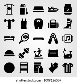 Fitness vector icon set. running, shinpad, running shoes and bike