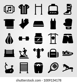 Fitness vector icon set. scale, boxing glove, shinpad and dumbbell