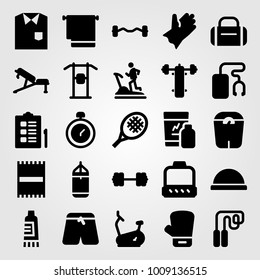 Fitness vector icon set. scale, towel, beach towel and dumbbell