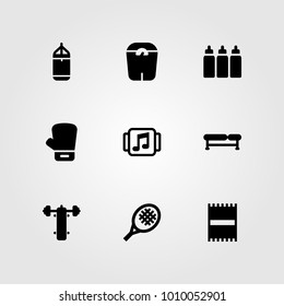 Fitness vector icon set. scale, boxing, punching and music player