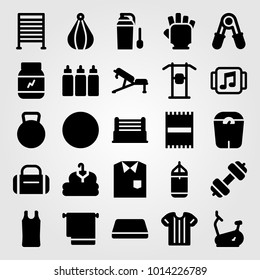 Fitness vector icon set. scale, mat, shirt and protein