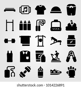 Fitness vector icon set. shakes, capsules, gloves and pull up bar