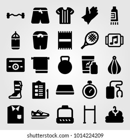 Fitness vector icon set. shinpad, beach towel, chronometer and pull up bar