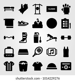 Fitness vector icon set. shinpad, shirt, closed and bench