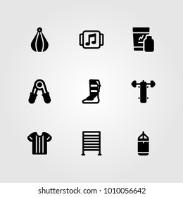 Fitness vector icon set. shirt, sport shirt, block and bench press