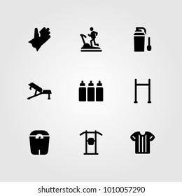 Fitness vector icon set. shirt, treadmill, protein and pull up bar