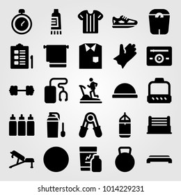 Fitness vector icon set. shoes, dumbbell, ball and shirt